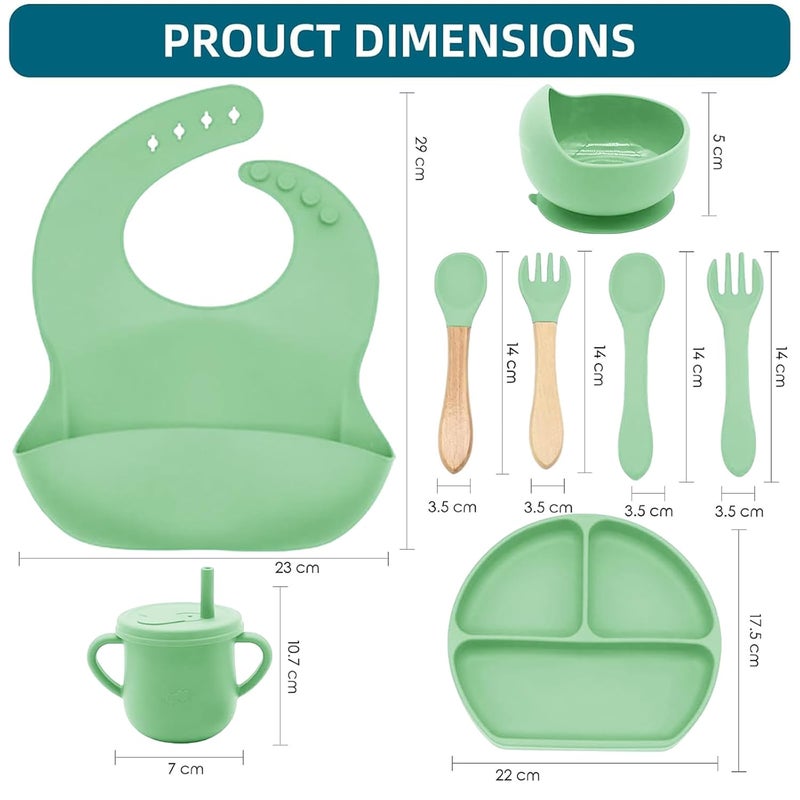 Dormlony 100% Silicone Baby Feeding Set,BPA Free Baby Dishes Set with Suction Bowl Divided Plate,Toddler Self Feeding Dish Set with Spoons Forks Sippy Cup and Bib, Baby Eating Utensils (Neon Green) - Image 3